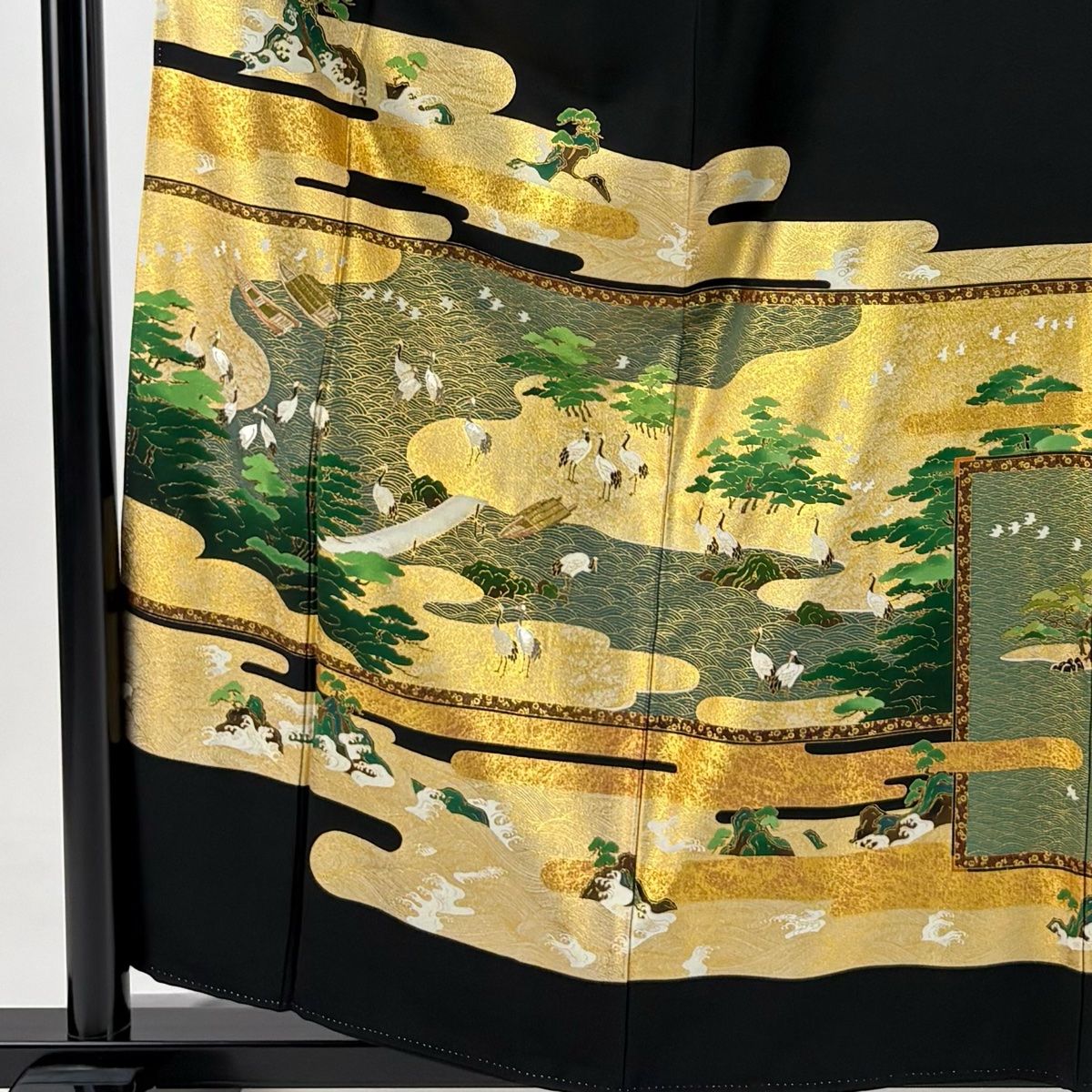 正絹 黒留袖 松尾光琳 金彩 友禅 金駒刺繡 袋帯 帯締 帯揚 4点 フルセット 黒留袖 身丈157.5cm 裄丈64.5cm M 袷 松尾光琳 落款 鶴 波 金彩