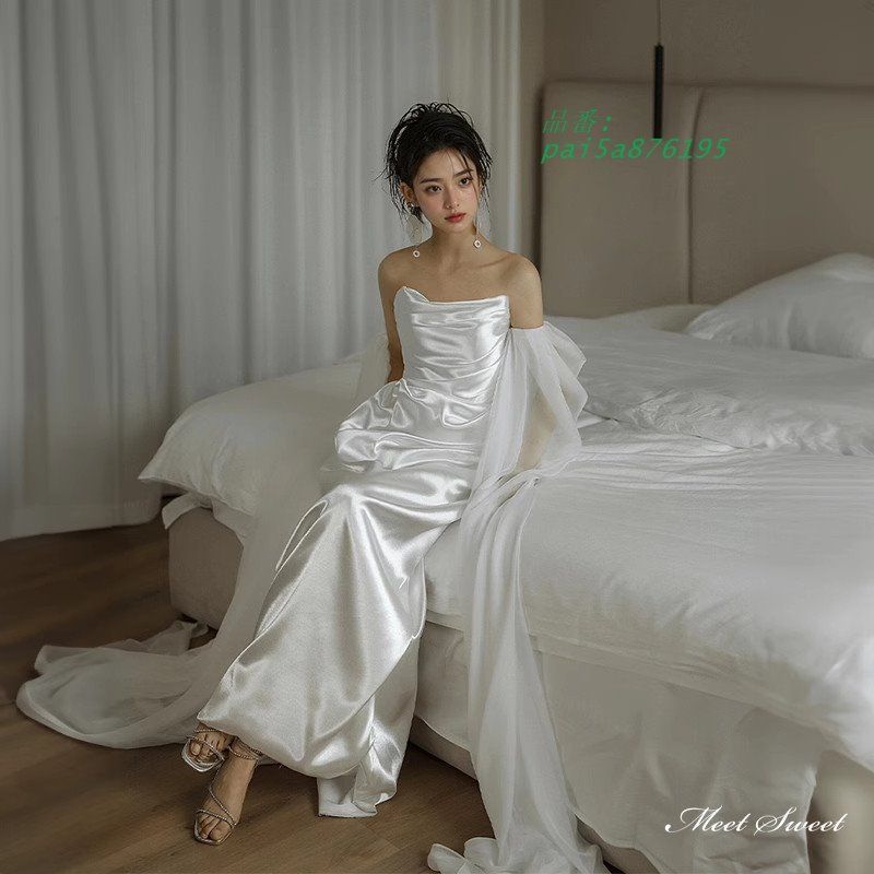 ウェディングドレス ロングドレス スレンダーライン ノースリーブ 二次会 結婚式 サテン 前撮り ウエディングドレス ブライダル 挙式 花嫁 フォト pai5a876195