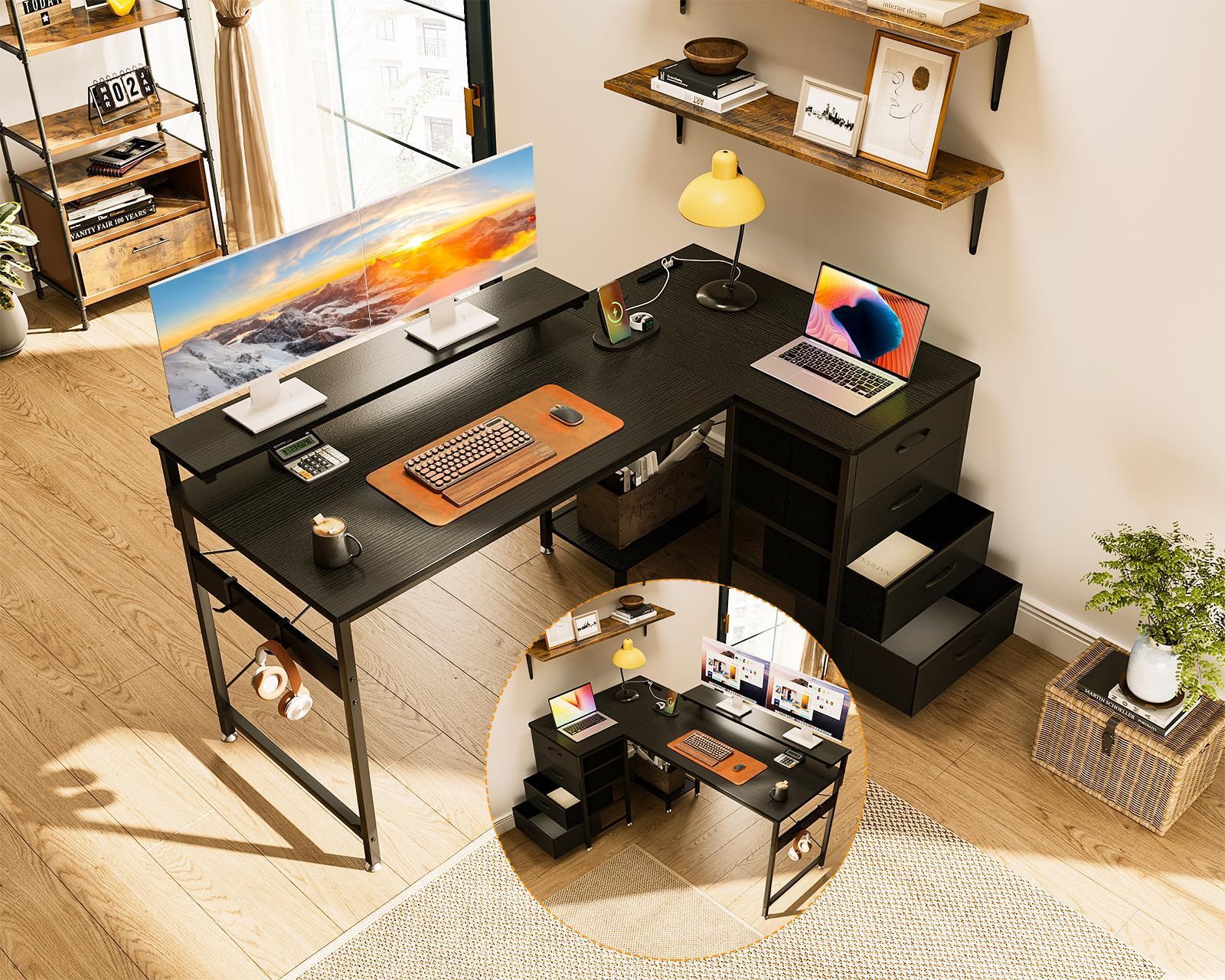 数量限定】ODK l字デスク パソコンデスク 引き出し4杯付き 幅140cm  