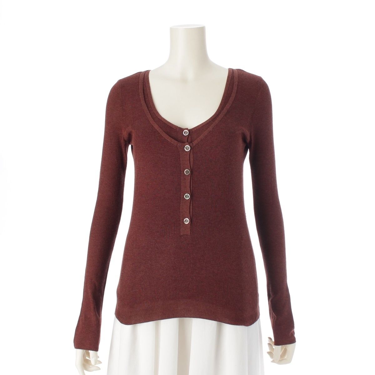 エルメス シルク コットン Hボタン ノースリーブ アンサンブル 長袖トップス ブラウン XS