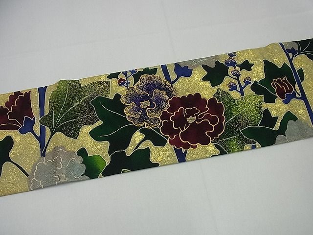 平和屋本店○極上 浦野理一 型染 九寸名古屋帯 枝花文 金彩 落款あり