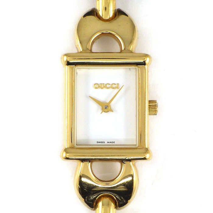 グッチ GUCCI 腕時計 チェンジベルト 1800L レクタンギュラー ホワイト文字盤 GP ブラック レザーベルト クオーツアナログ