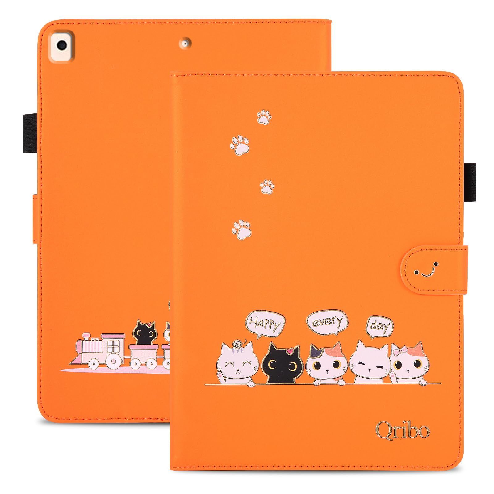 【在庫処分】Qribo iPad 9.7 ケース iPad 6世代 ケース iPad 第5世代 ケース シンプルなのに可愛いデザイン エンボス加工猫柄 うれしい気持ち 9.7インチ対応 iPad air2 ケース iPad Pro 9.7 ケース 複数の視