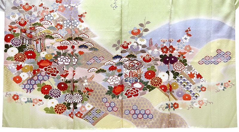 手刺繍振袖四季花王朝桃山上品ボカシ染