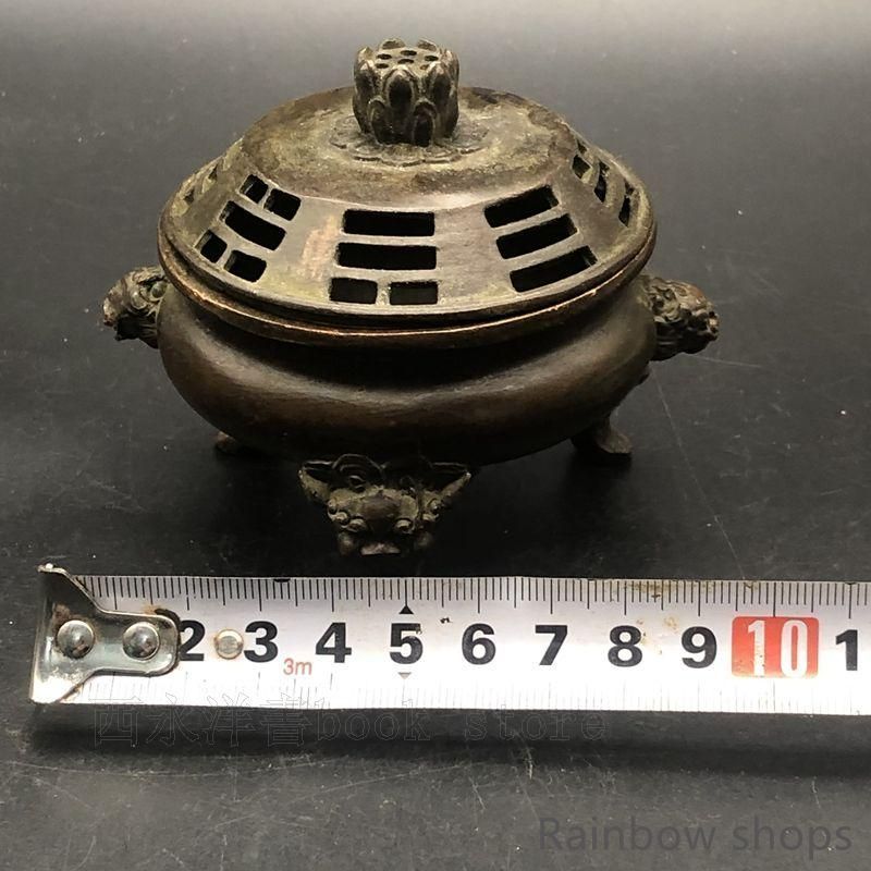 新品未使用】銅器 三足双獅頭香炉 蓮華蓋薫香炉 茶道薫香炉 装飾