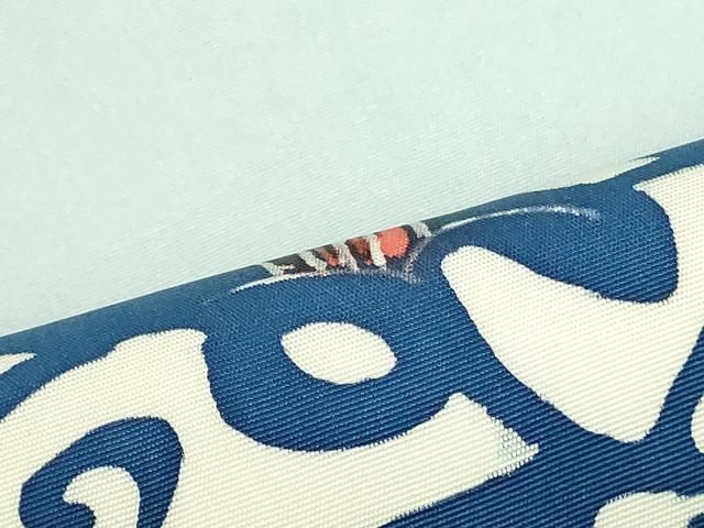 平和屋着物○塩瀬 九寸名古屋帯 手描き 型染め 花唐草丸文 月白色 正絹  