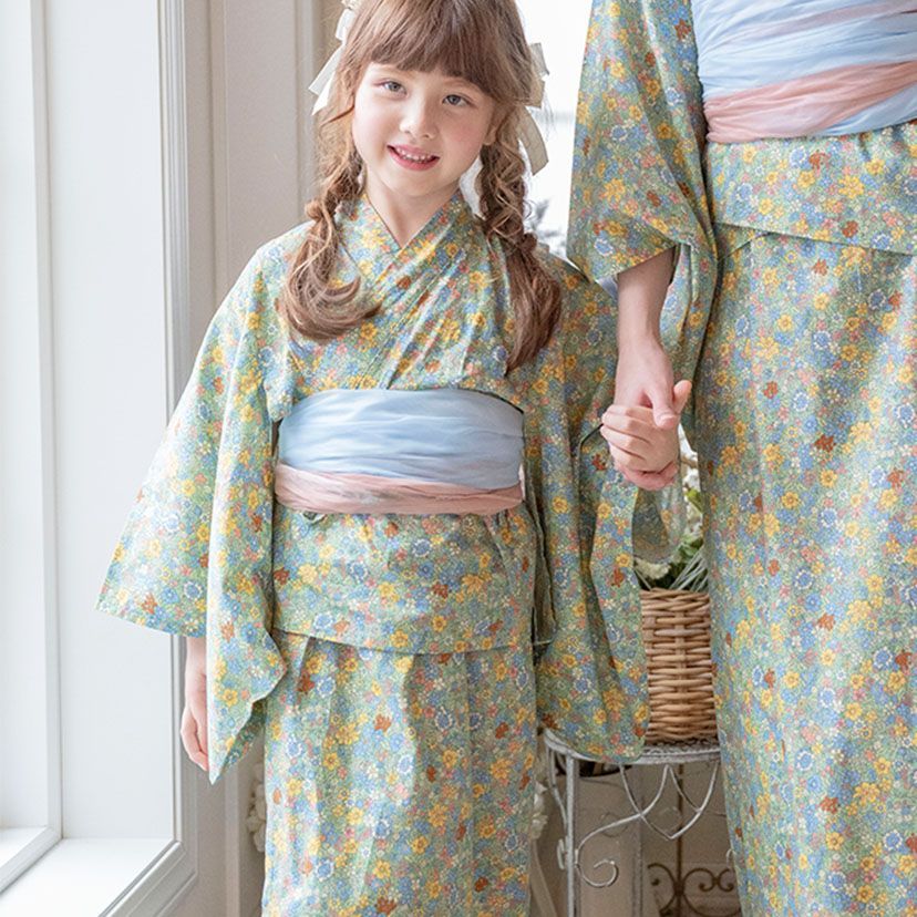 小花柄グリーン・帯2本】ワンピースにもなる浴衣 2WAYセパレート