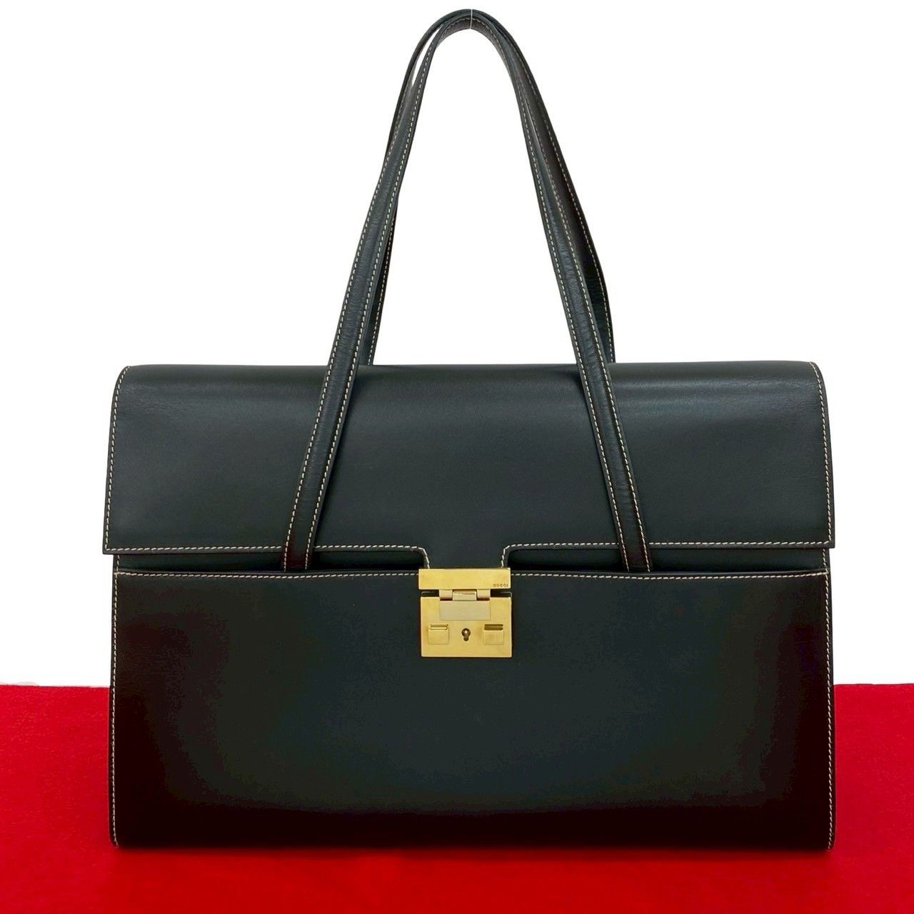 極 美品 GUCCI グッチ ロゴ 金具 ステッチ レザー 本革 ハンドバッグ 