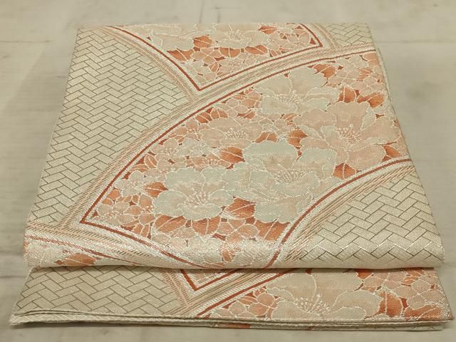 平和屋着物◎六通柄袋帯 唐織 地紙花文 銀糸 正絹 逸品