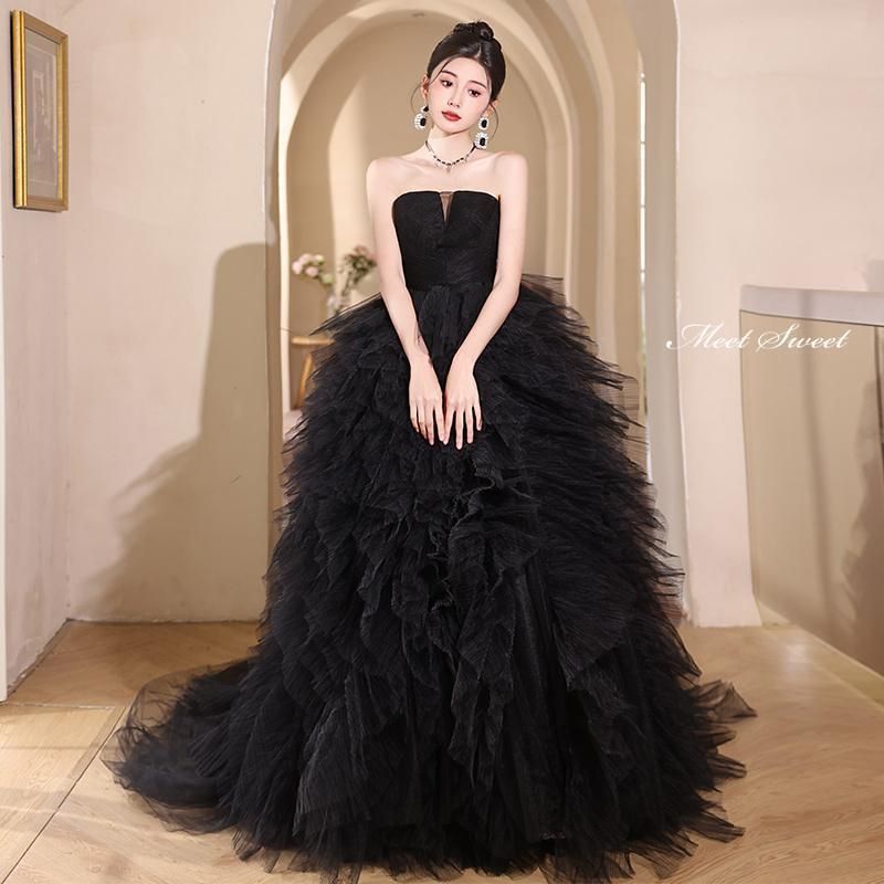 ドレス プリンセスライン ブラック 黒 フリル ベアトップ ロングドレス ウェディングドレス ウエディングドレス 結婚式 二次会 花嫁