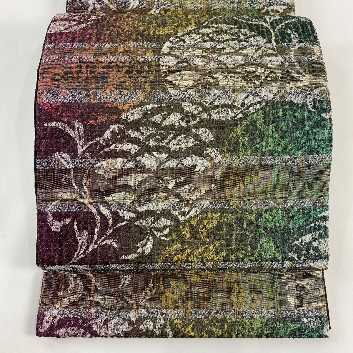 袋帯 美品 名品 やまと 葉柄 芝 金糸 箔 茶緑色 全通 正絹
