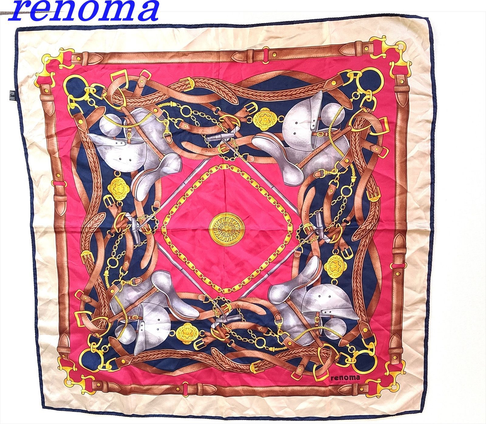 レノマ renoma スカーフ　馬装具柄柄 　赤・ベージュ・紺・ブラウン　88 cm (1105-1)