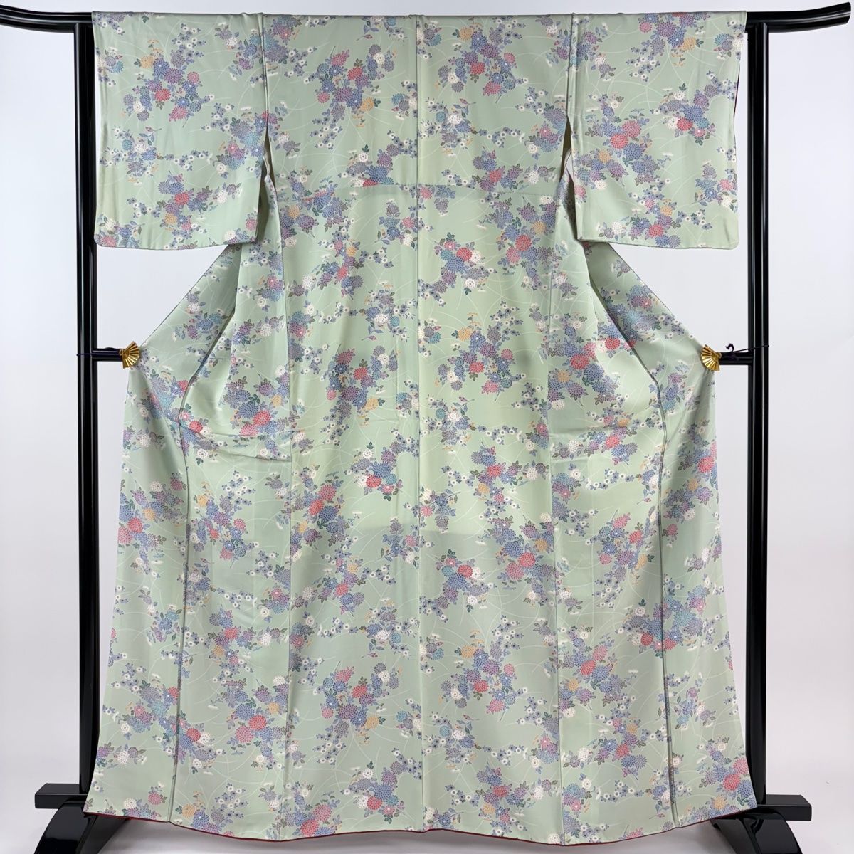 小紋 身丈162cm 裄丈63.5cm S 袷 菊 薄緑 正絹 美品 秀品 【中古