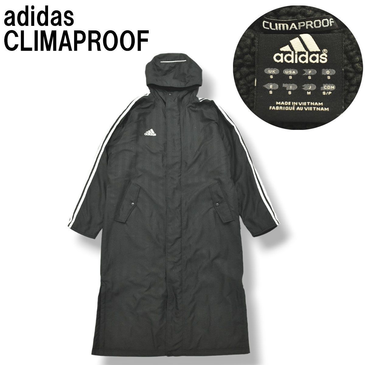 【防寒】 アディダス adidas クライマプルーフ CLIMAPROOF ベンチ コート ボア フリース M ストライプ柄 ブラック メンズ