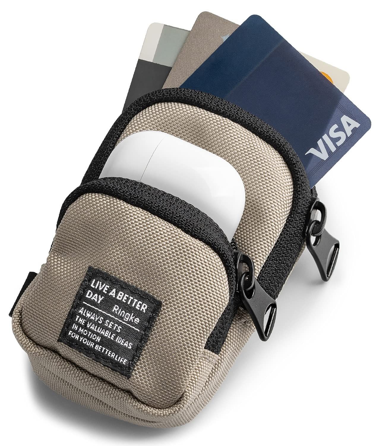 在庫処分】Beige - ケース Earphones コイン入れ 現金 ICカード ナイロン カラビナ付き Pocket] [Two ミニ