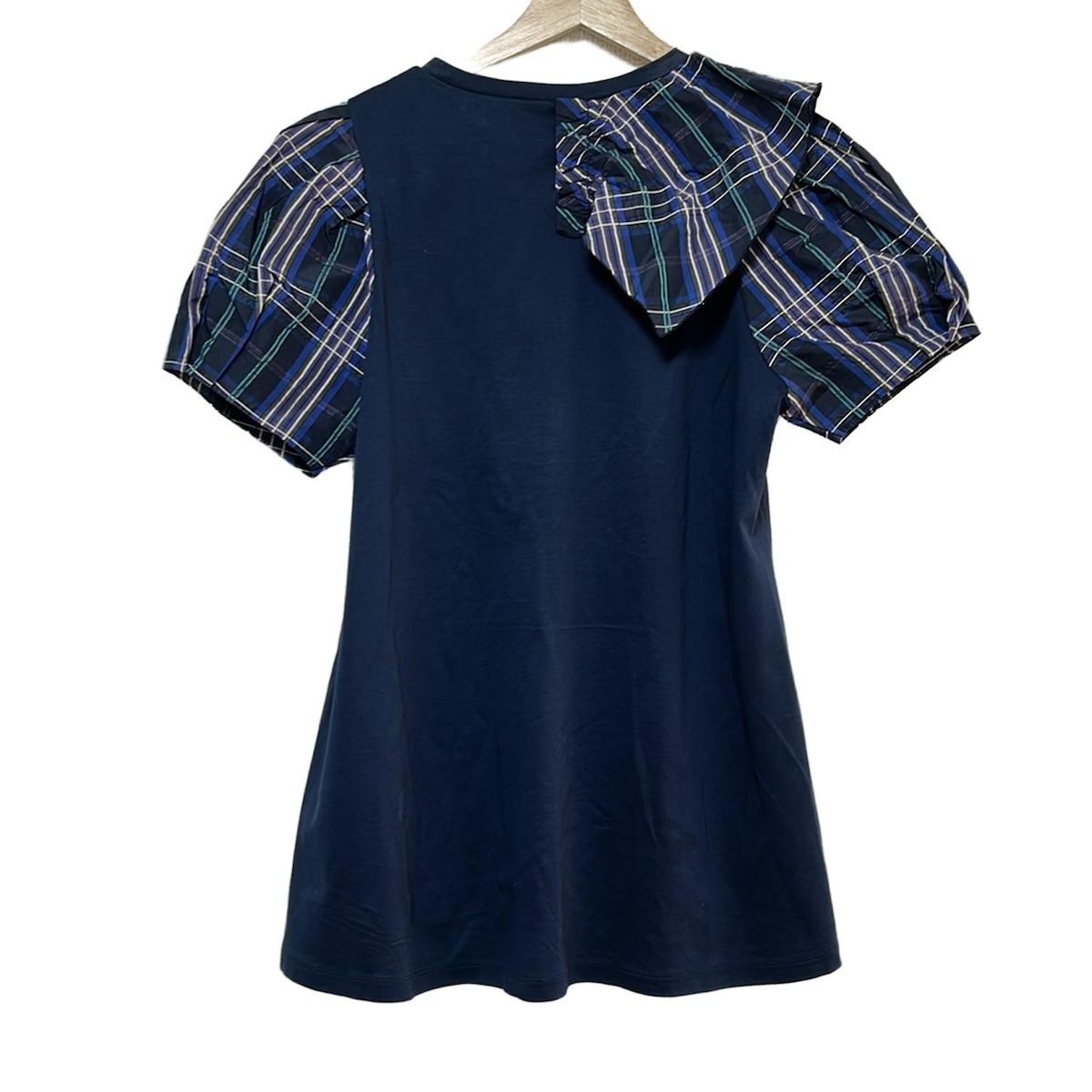 エムズグレイシー 半袖カットソー サイズ38 M レディース - ネイビー×パープル×マルチ クルーネック チェック柄 変形デザイン 異素材切替