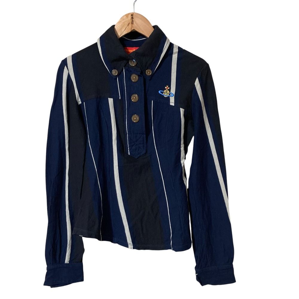 Vivienne Westwood ヴィヴィアンウエストウッドレッドレーベル オーブ刺繡 ウエストシェイプ ポロシャツ M ネイビー×ブラック レディース 古着