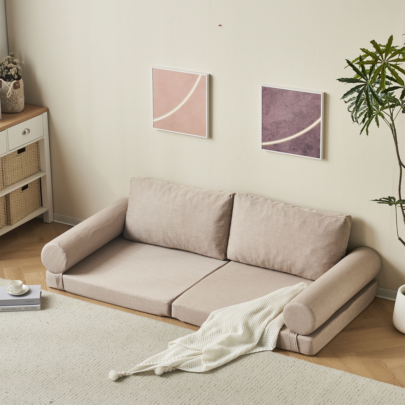 ブラウン】ソファベッド 最大5人掛け 組立て不要 フロアソファ 軽い