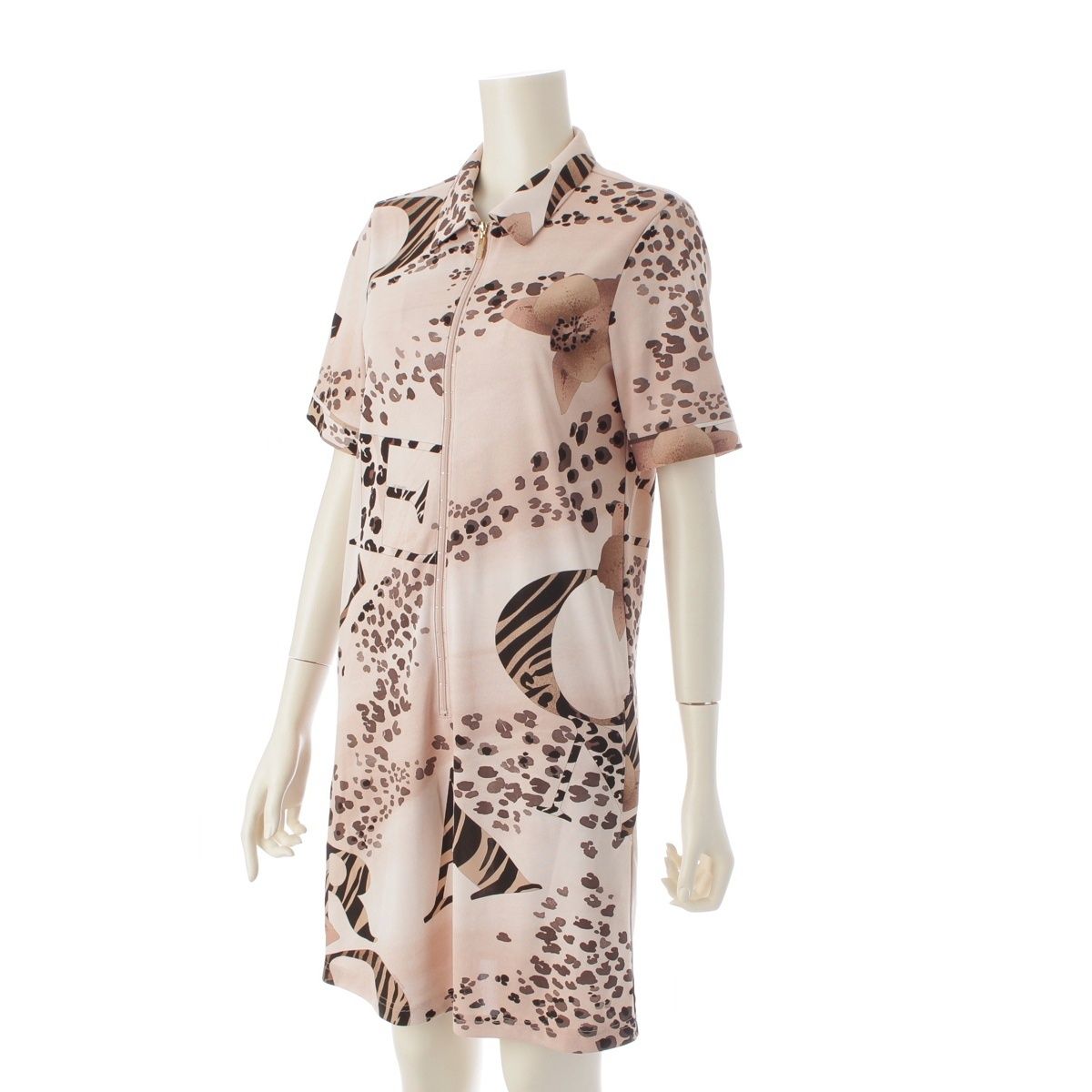 レオナール スポーツ レオパード ラインストーン ジップアップ 半袖 ワンピース ドレス 0599122 ベージュ 38
