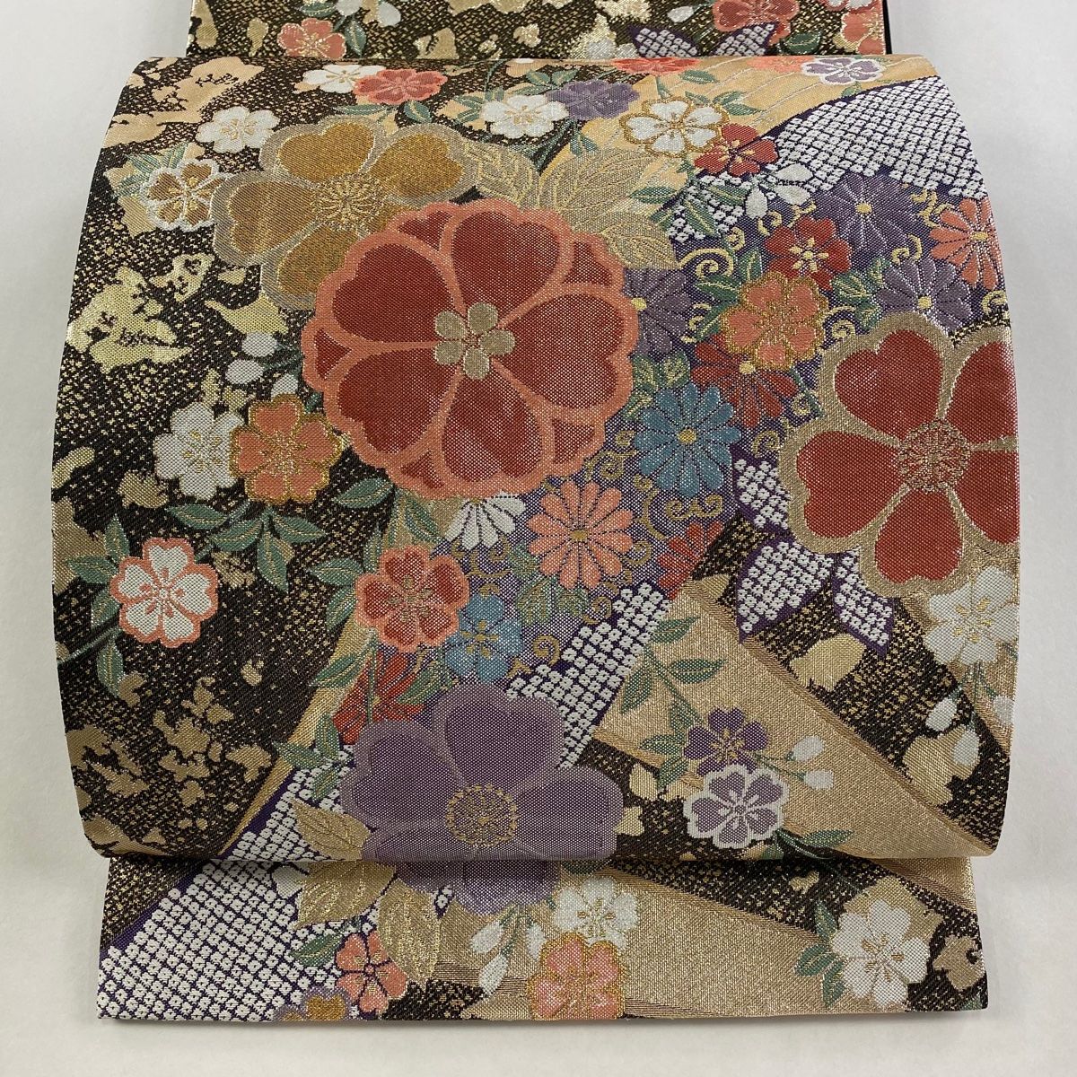 袋帯 秀品 桜 疋田 金銀糸 箔 金茶 六通 正絹