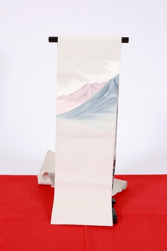 爪かき本綴名古屋帯　浅田綴　グレー　藍　薄紫　薄ピンク　アンデス山A 爪かき本綴名古屋帯 浅田綴 グレー 藍 薄紫 薄ピンク アンデス山A