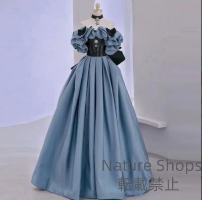 イブニングドレス フリル ブルー ドレス プリンセス風 発表会ドレス パフスリーブ ロングドレス パーティードレス 結婚式ドレス 二次会ドレス ロング オフショルダー コスプレ衣装 wicp34