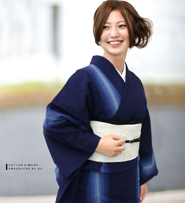 阿波しじら織り 木綿着物 お仕立て上がり 藍染ぼかし風グラデーション No.H5