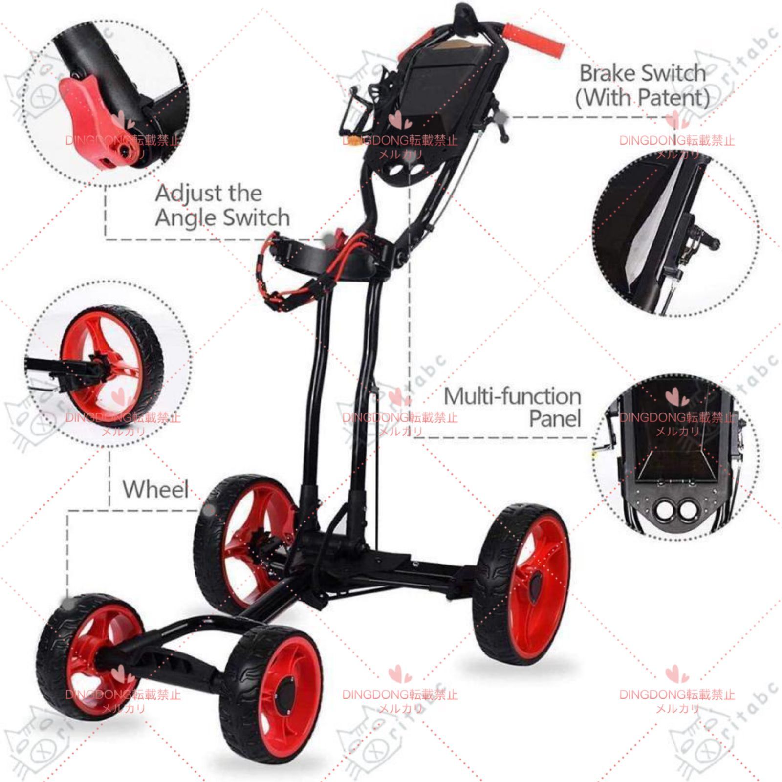 折りたたみ式電動ゴルフカート ハンドブレーキ付きゴルフプルカート ゴルフプッシュカート4輪折りたたみ式 あらゆるゴルフバッグに最適 ゴルフギフトのゴル