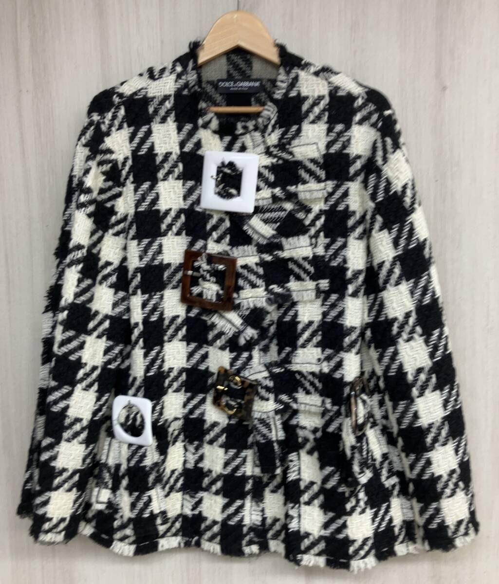 DOLCE＆GABBANA ドルチェアンドガッバーナ コート F28P3T ビッグバックル ホワイト ×ブラック 格子柄 ウール モヘア イタリア製 38