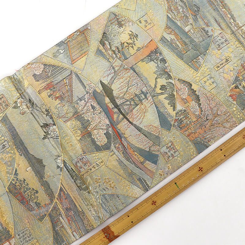 丸帯 フォーマル 正絹 全通柄 金 風景柄 地紙柄 時代柄 長さ450cm 幅31cm リサイクル 和装 礼装 フォーマル 着物 仕立て上がりリサイクル帯