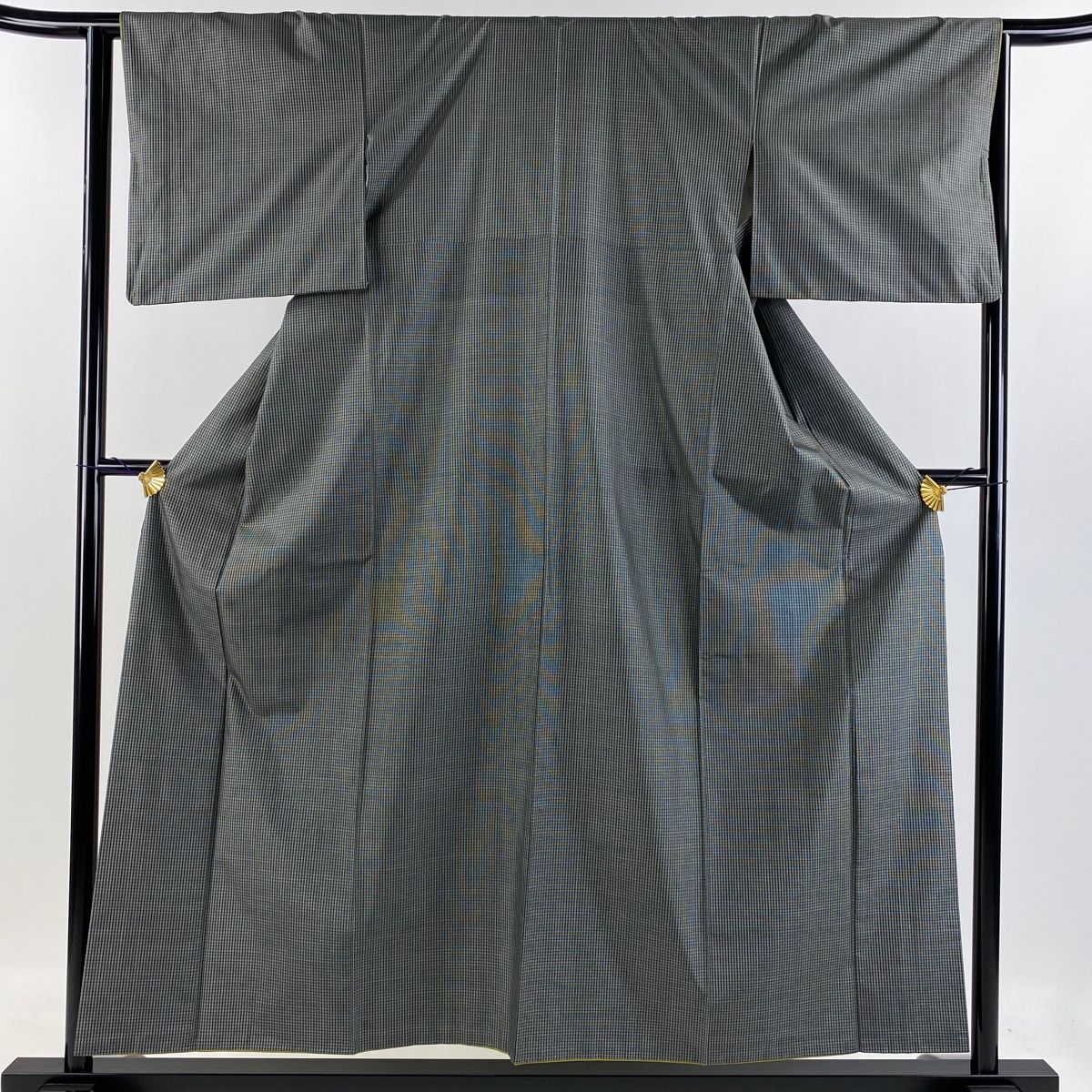 大島紬 身丈155cm 裄丈63cm S 袷 証紙 格子 黒灰 正絹 名品 【中古  