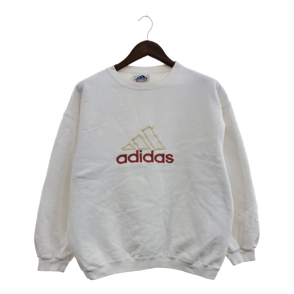 90年代 USA製 adidas アディダス ロゴ 刺繍 スウェット トップス スポーツ ホワイト (メンズ L) 中古 古着 Q0325