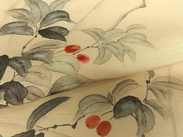 平和屋着物○訪問着 紬地 刺繍 手描き 葡萄蔦の葉文 正絹