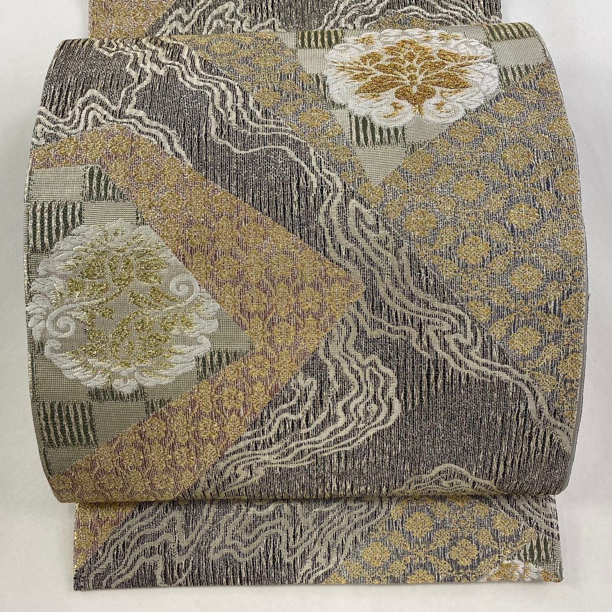 袋帯 秀品 落款 華文 草花 金銀糸 箔 銀色 六通 正絹