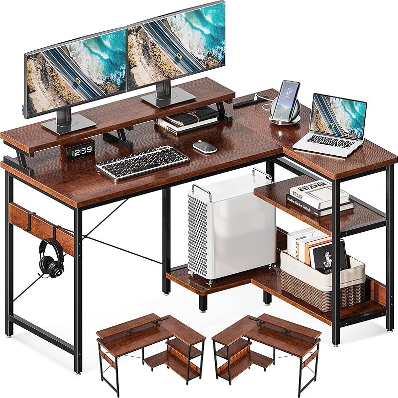 ODK パソコンデスク L字型 ゲーミングデスク 机 幅120cm コンセント付き コーナー PCデスク ラック付き 収納 オフィス 省スペース 書斎 在宅勤務 組立簡単 ブラウン 0