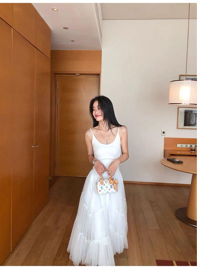 夏秋 韓国風ハイウエストロングワンピースレースキャミソールメッシュチュールドレス