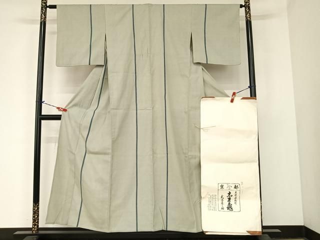 平和屋着物▽銀座 志ま亀 本場結城紬 重要無形文化財 単衣 縞 たとう紙付き 正絹 AABB6609np