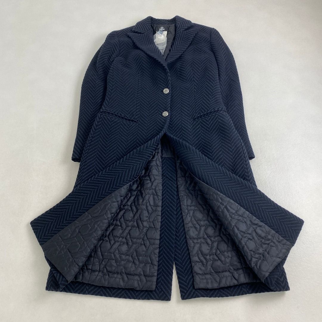 VERSUS VERSACE ロングコート ネイビー キルティング襟 ヴェルサーチ ロングコート ヘリンボーン 中綿キルティング イタリア製