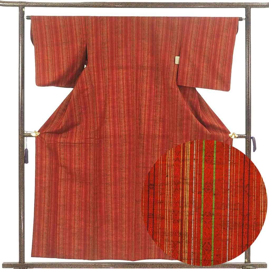 紬 身丈160cm 裄64cm 前幅24cm 後幅30cm 袖丈49cm 袖幅33cm レディース 単衣 縞 裄Mサイズ 初夏 初秋用 正絹 シルク ブラウン リメイク リユース リサイクル 呉服のきくや