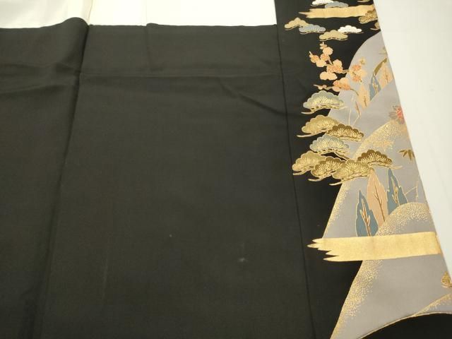 平和屋着物□豪華黒留袖 駒刺繍 風景流水花文 松竹梅 金彩