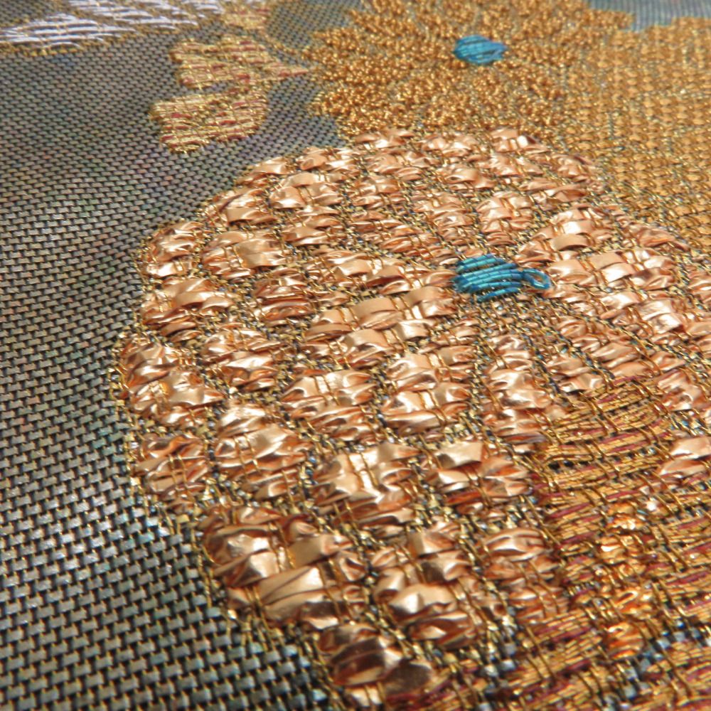 袋帯 綴れ 金糸銀糸 雲取り模様 緑色x金色x銀色 お太鼓柄 正絹