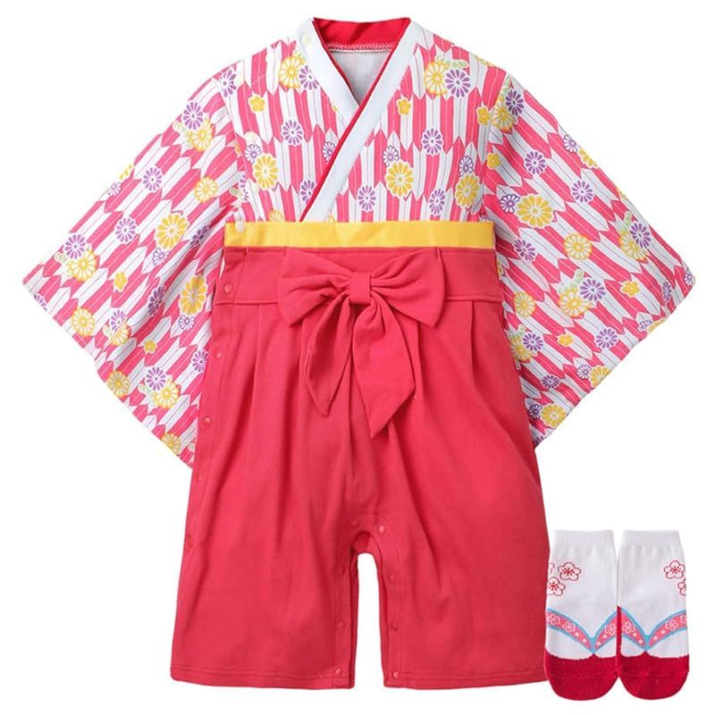 [SLINX] ベビー服 袴 ロンパース 袴ロンパース 袴セット 着物 和装 女の子 フォーマル 赤ちゃん お食い始め お宮参り 百日祝 初節句 和服ロンパース カバーオール 靴下付き ベビー キッズ 袴風 出産祝い ベビー袴 HF7301 (70， 菊レ