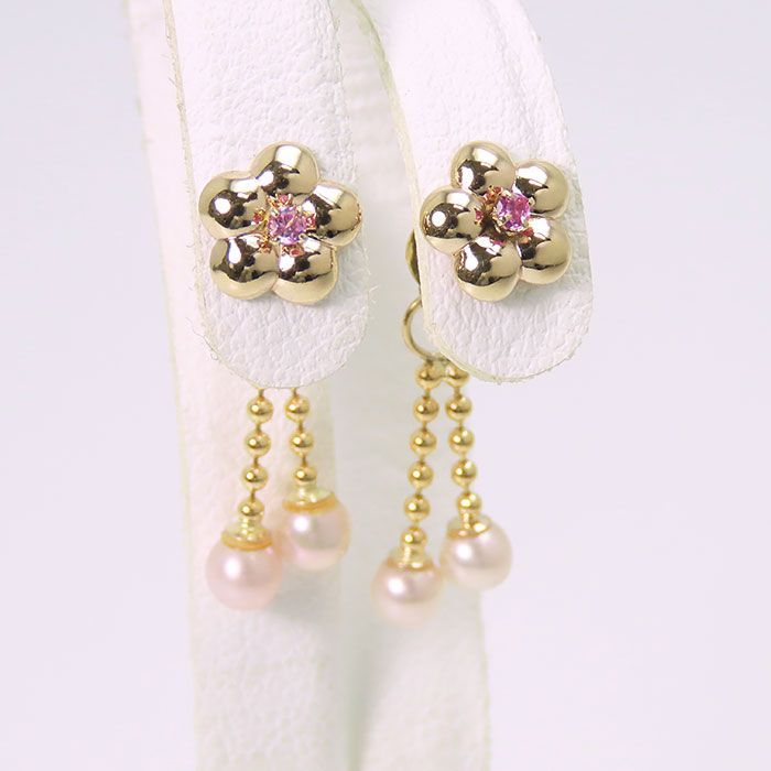 クレージュ】K18 両耳用 ピアス フラワー 花 パール付き 可愛い 揺れる