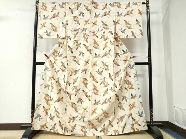 平和屋着物○上質な小紋 紬地 型染め 飛鶴文 正絹 逸品 CAAW8271yc