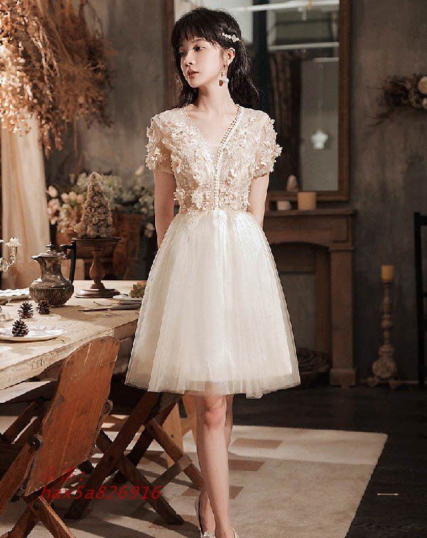 ショートドレス ドレス 大人 ピアノ 発表会 袖付き フォーマル Aライン ワンピース 膝丈 成人式ドレス 披露宴 Vネック 可愛い 二次会 hax5a826916