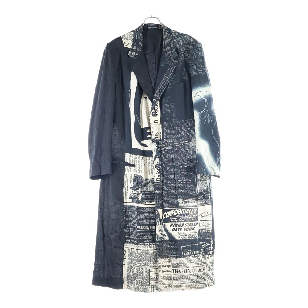 Yohji Yamamoto ヨウジヤマモト 22SS Newspaper coat ニュースペーパー 総柄プリント リネン テーラードカラー チェスター ロング コート ブラック HG-J13-827