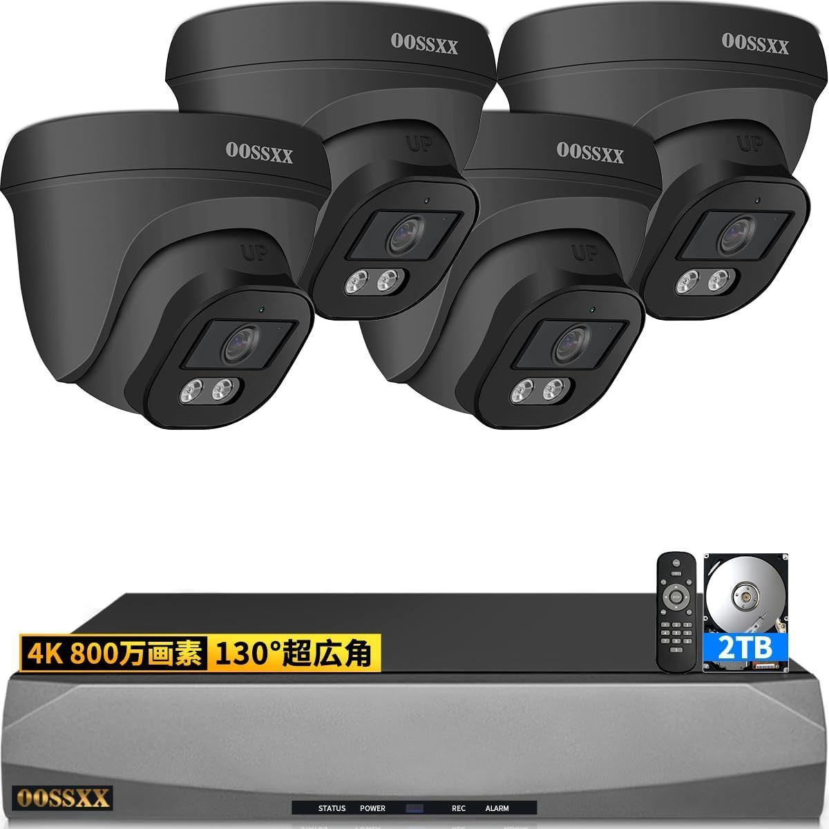 4K800万画素 AI人体検知 音声録画 ドーム型 有線 poe 防犯カメラセットランキング 屋外 防犯カメラセット 屋内 屋外防犯カメラセット防犯カメラ poe給電 監視カメラ 録画機セット ブラックPOE4台カメラセット