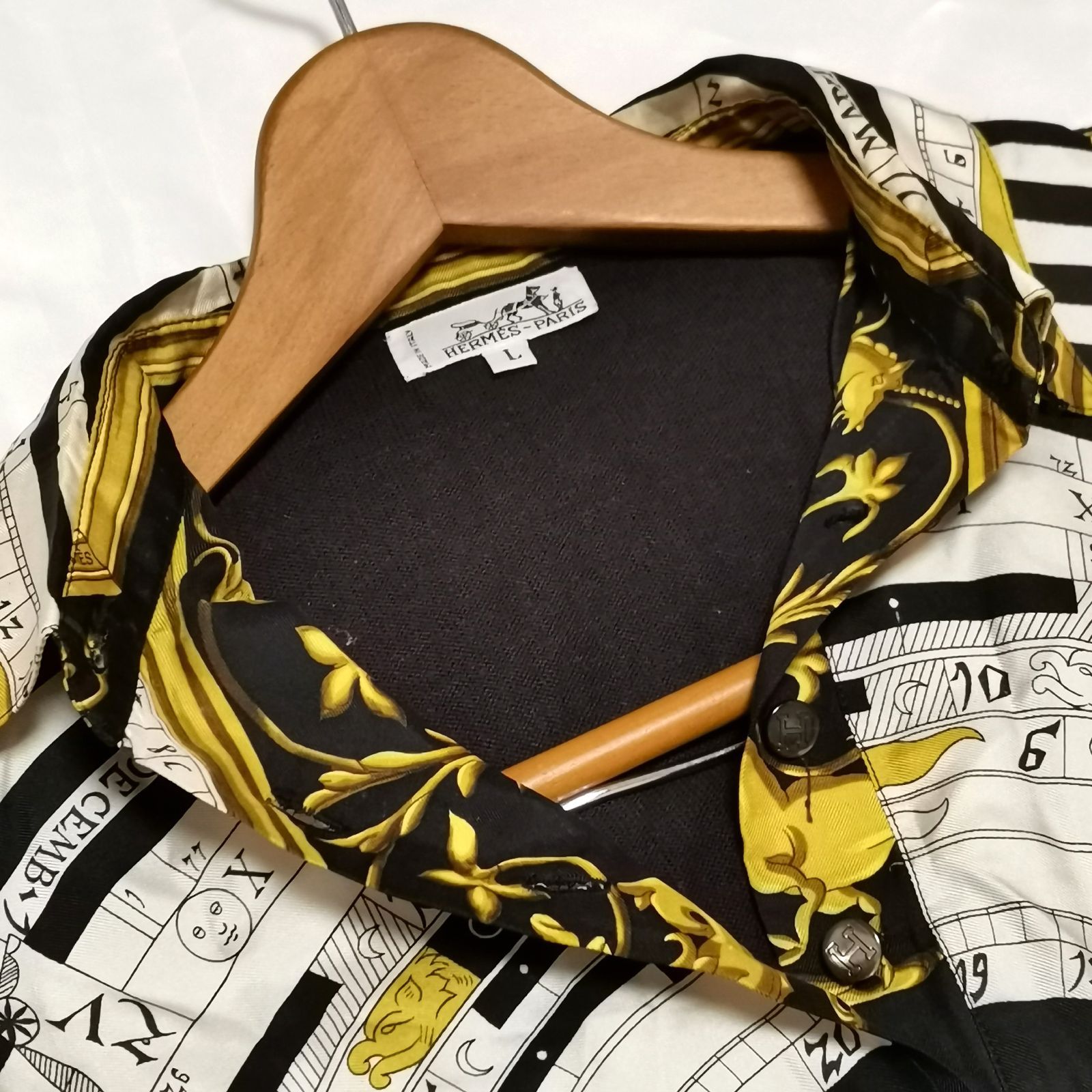 『HERMES』エルメス (L) 総柄ニット切替ポロシャツ HERMES エルメス 長袖 ポロシャツ コットン シルク L ニット