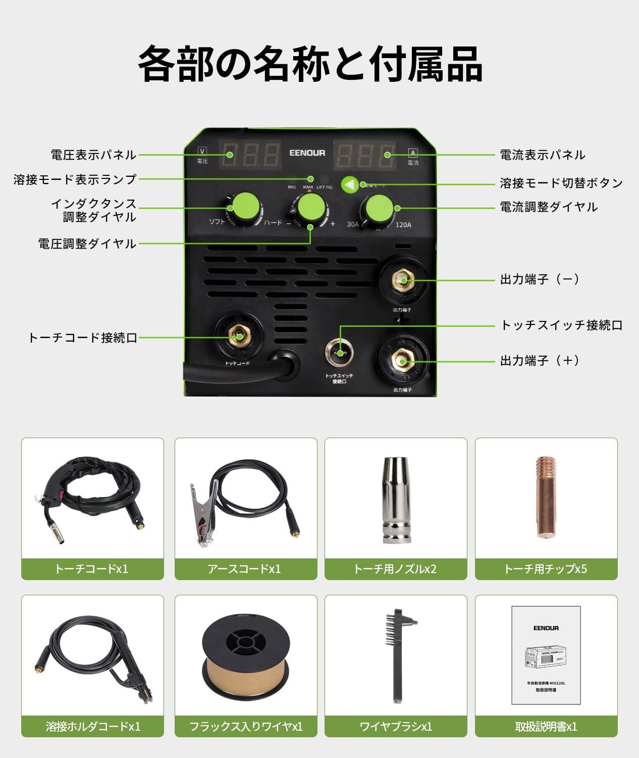 EENOUR 半自動溶接機 MIG120L 最大出力120A 1台3役 ノンガスMIG·被覆アーク·LIFT TIGに対応 液晶表示 インバーター搭載  100V専用 ノンガス溶接機 アーク溶接機 電流·電圧·インダクタンス調整可能 定格使用率40％ 小型 - メルカリ