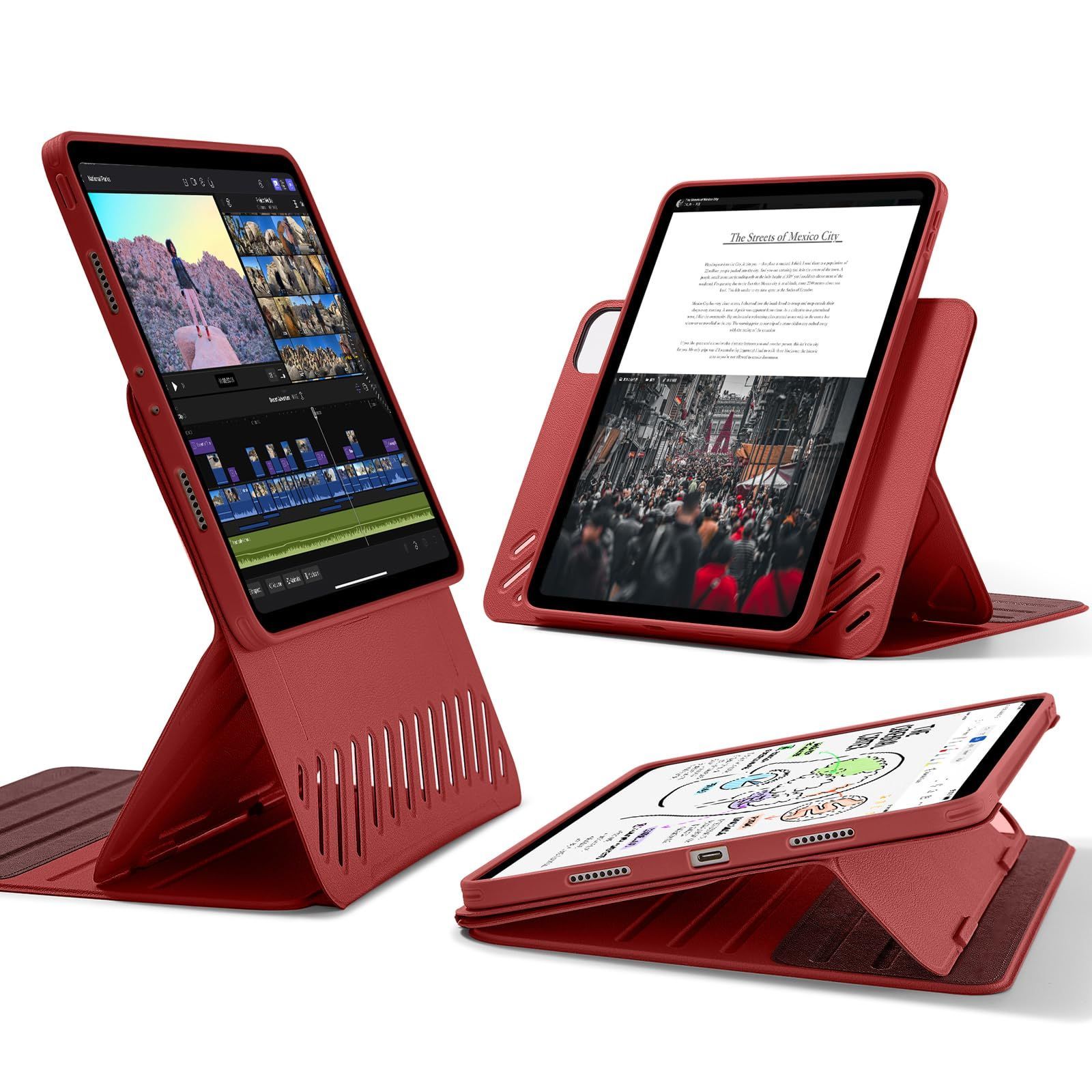 人気商品 ESR iPad Pro 11インチ ケース 2025|2021|2020|2018 第4|3|2|1世代 取外し なマグネットカバー付き回転式ケース 縦向き|横向きスタンド 9段階の角度調節 頑丈な保護 Shiftシリーズ レッド